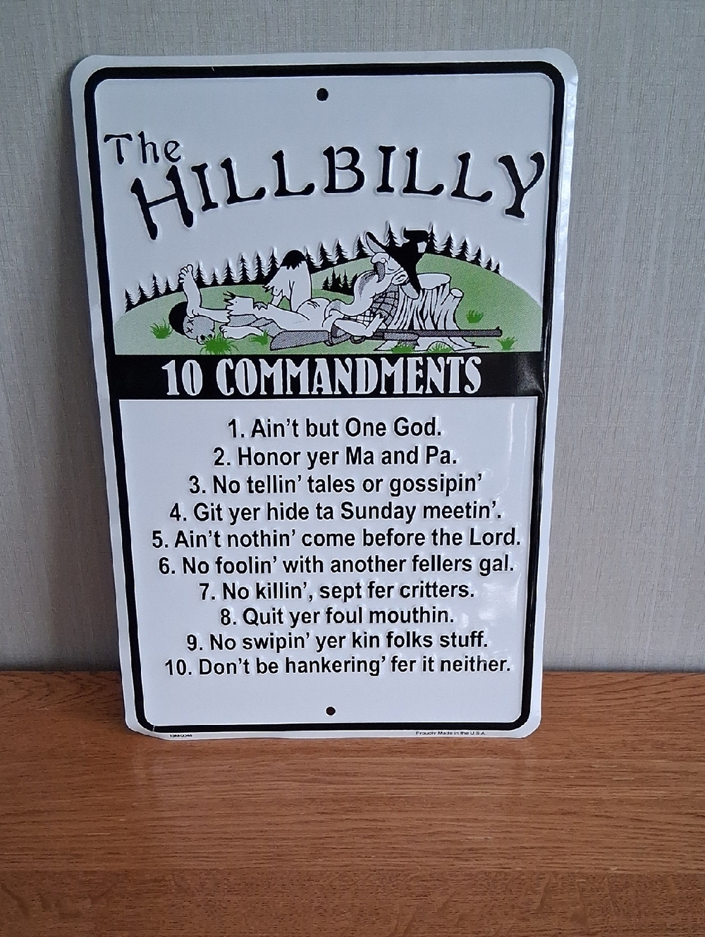 The Hillbilly 10 Commandments Tin Sign - White, Black, Green